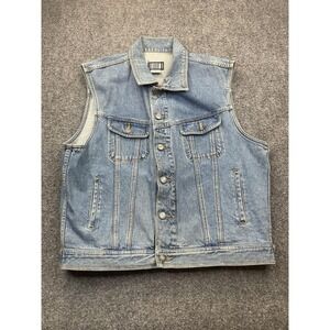 Lou Vest Mens L Blue Denim Collared Pockets Button Unlined Biker Short